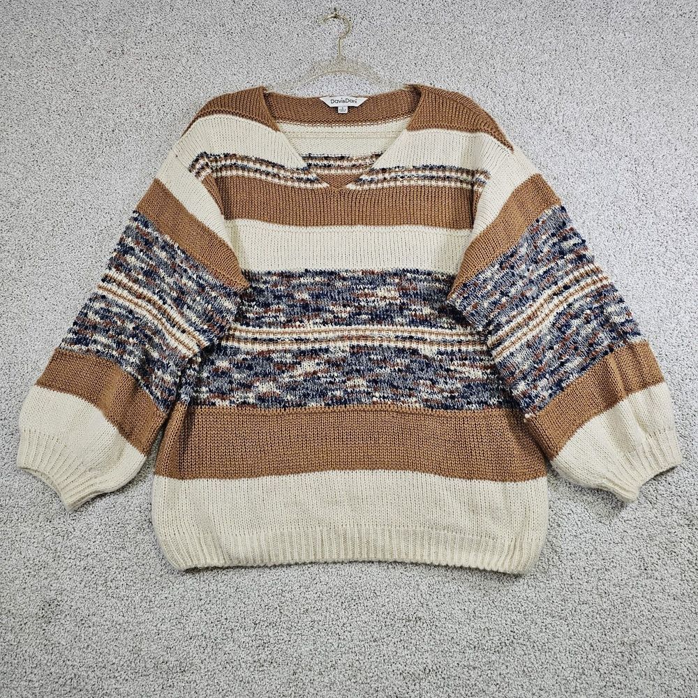 Davi & Dani Multi Stripe V Neck Sweater S Womens Slit Hem Oversized Knit Camel